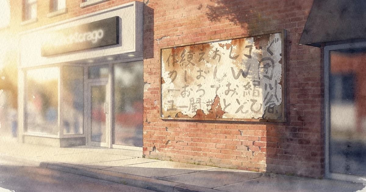 An old brick storefront with a clear painted sign beside a newer glass shopfront in shadow, at golden hour