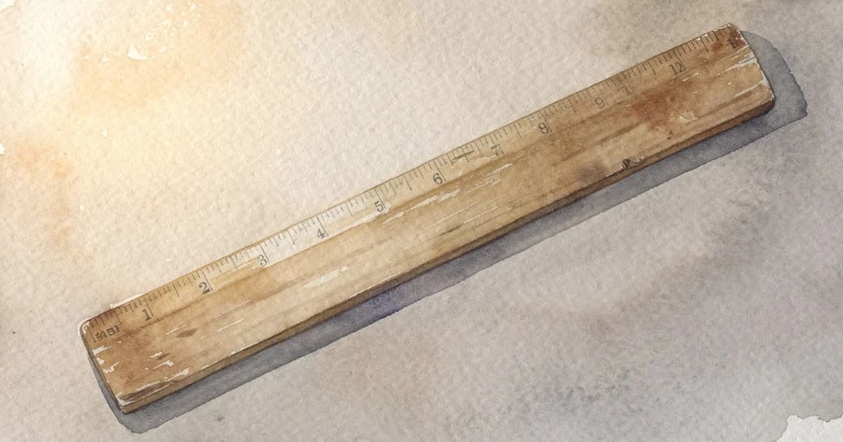 A wooden ruler resting on a plain surface under warm side light, one end fading into soft focus